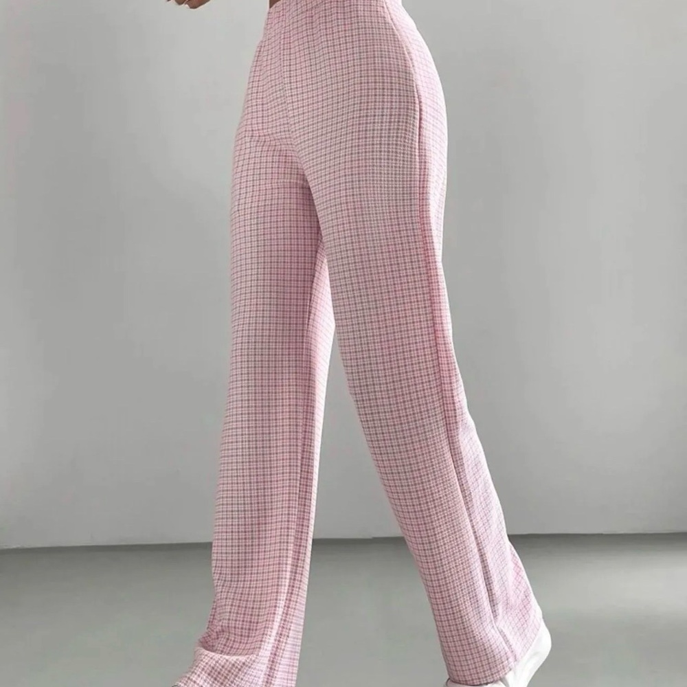 SHEIN Pink Plaid High-Waist Wide-Leg Trousers
